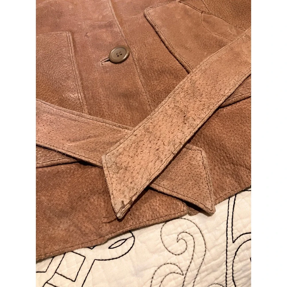Rouge Leather Womens XL Cognac Brown Suede Belted Safari Jacket Button Front - Picture 4 of 13